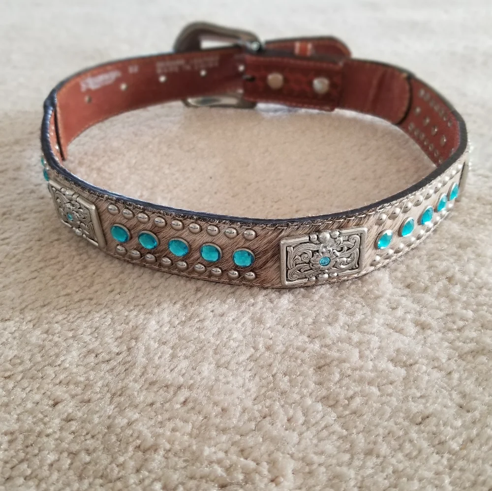 Nocona Kid's Rhinestone and Concho Leather Cow Hair Belt Size 22